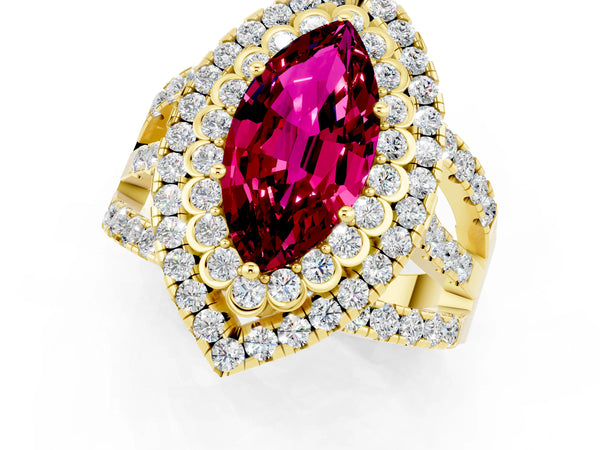 Yellow gold Marquise Cut Garnet Double Halo Ring with Round Pavé Split Shank and Prong Setting