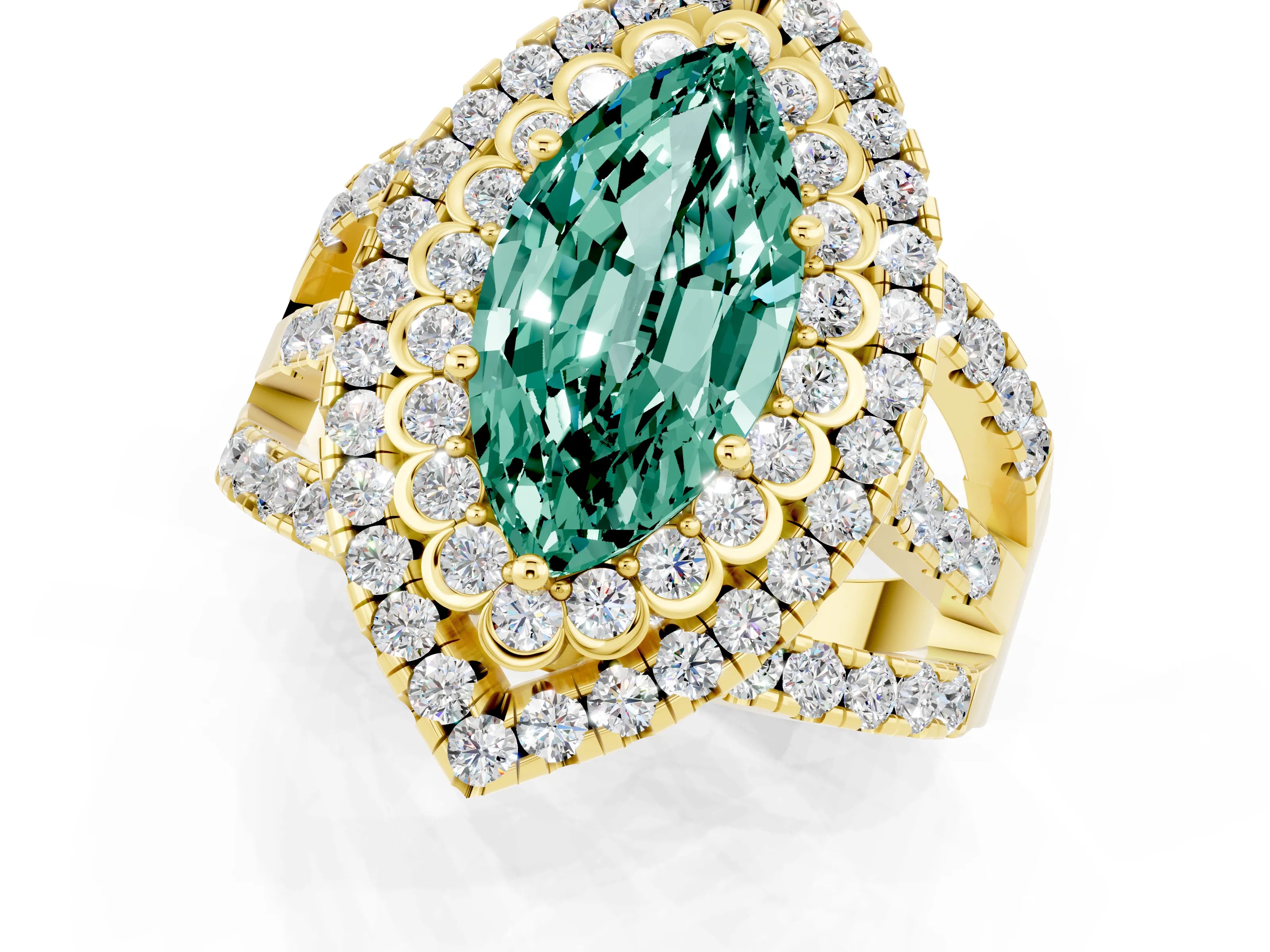 Yellow gold Double Halo Marquise Cut Diamond Split Shank Pave Set Ring_1