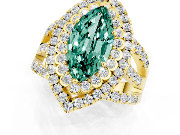 Yellow gold Marquise Cut Green Sapphire Double Halo Ring with Round Pavé Split Shank and Prong Setting
