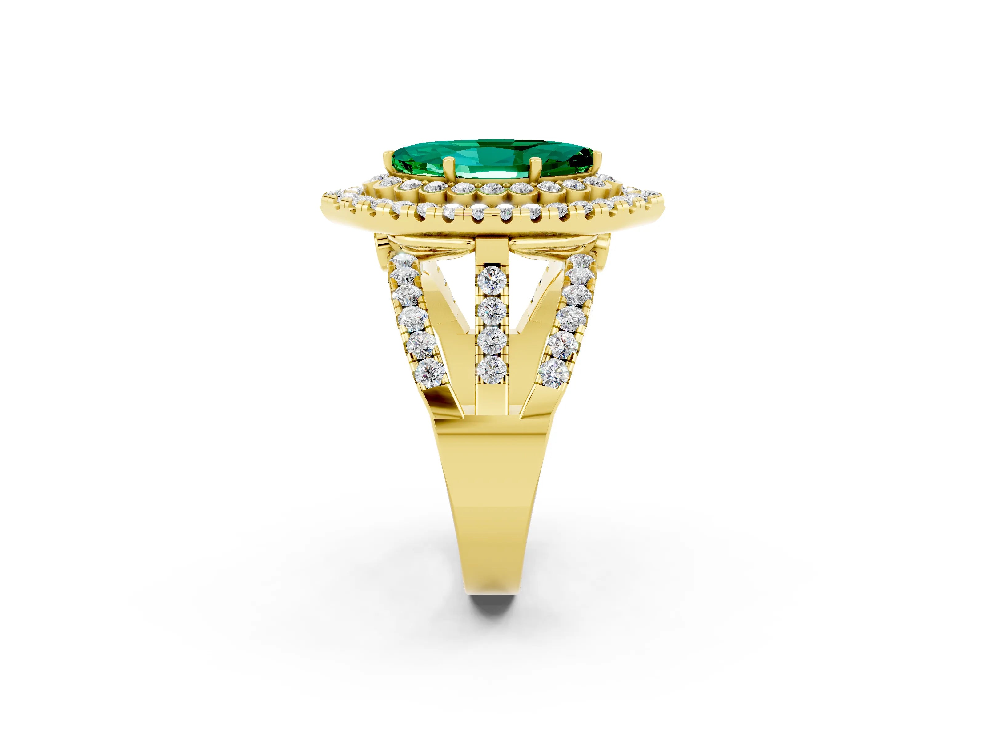 Yellow gold Double Halo Marquise Cut Diamond Split Shank Pave Set Ring_2