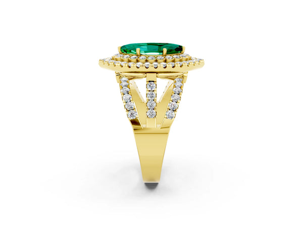 Yellow gold Marquise Cut Emerald Double Halo Ring with Round Pavé Split Shank and Prong Setting