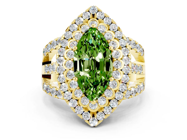 Yellow gold Double Halo Marquise Cut Diamond Split Shank Pave Set Ring