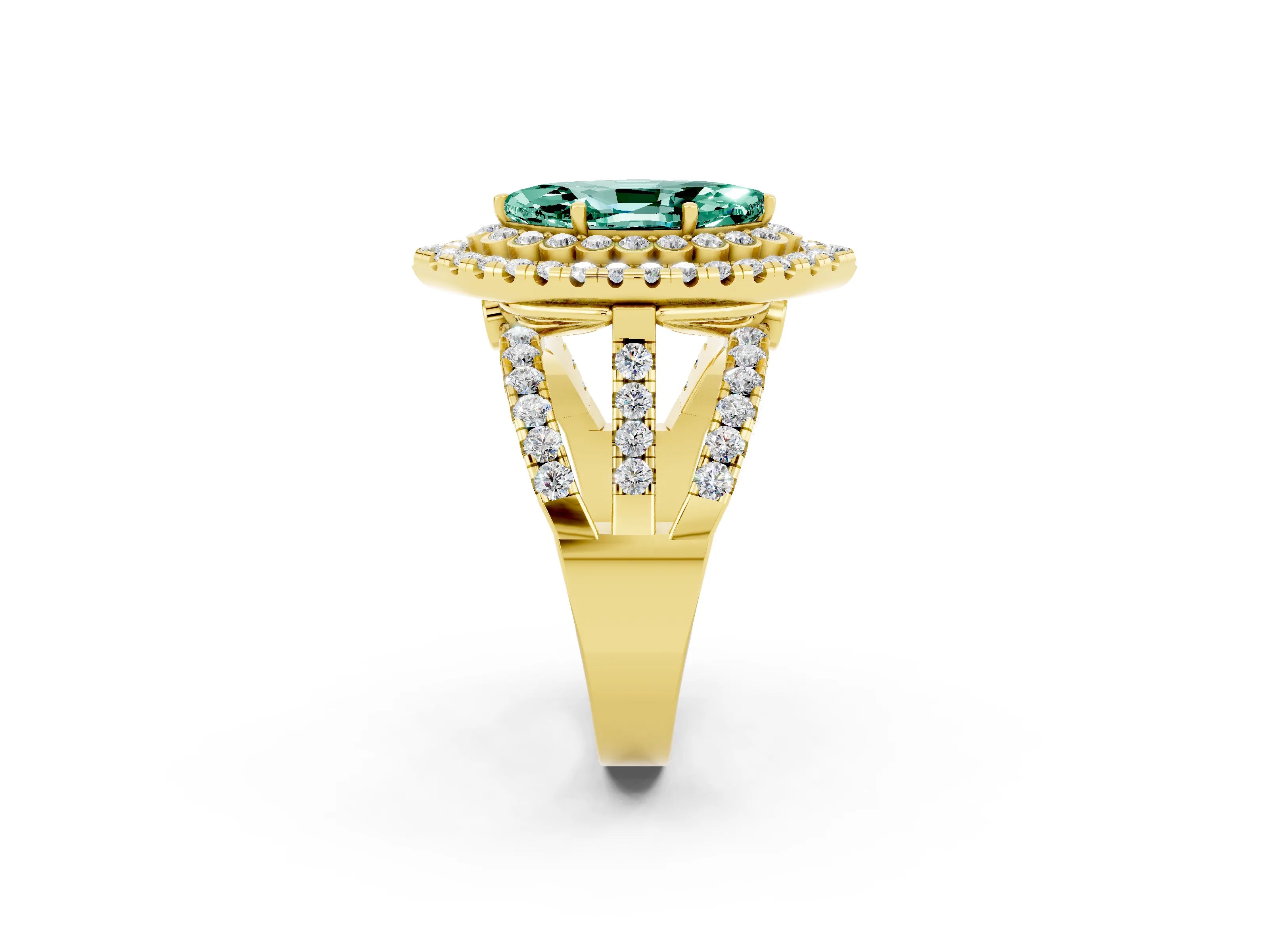 Yellow gold Double Halo Marquise Cut Diamond Split Shank Pave Set Ring_2