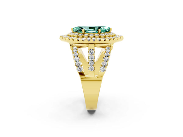 Yellow gold Marquise Cut Green Sapphire Double Halo Ring with Round Pavé Split Shank and Prong Setting