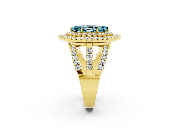 Yellow gold Double Halo Marquise Cut Diamond Split Shank Pave Set Ring