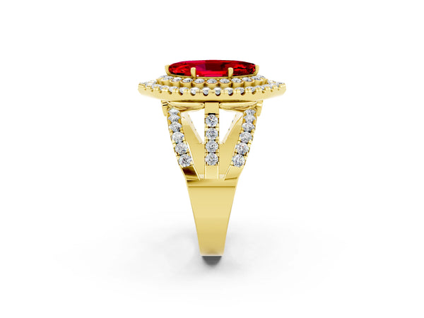 Yellow gold Double Halo Marquise Cut Diamond Split Shank Pave Set Ring