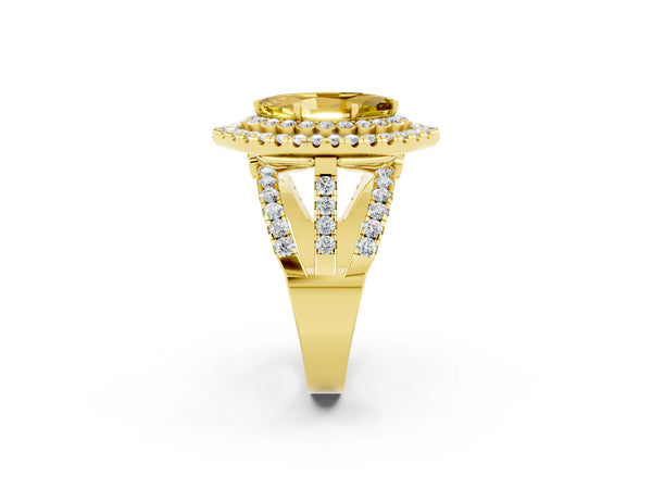 Yellow gold Marquise Cut Yellow Sapphire Double Halo Ring with Round Pavé Split Shank and Prong Setting