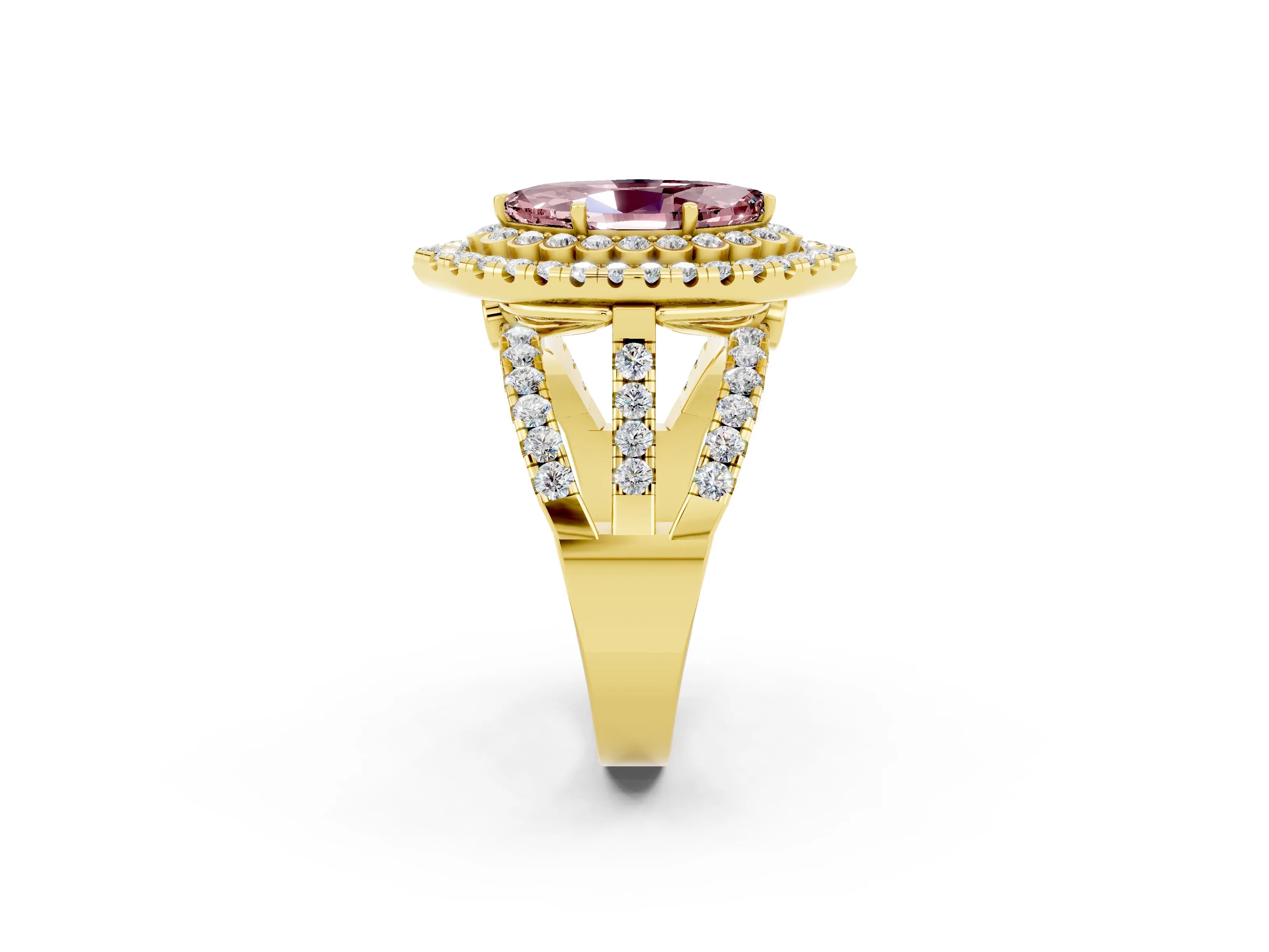 Yellow gold Double Halo Marquise Cut Diamond Split Shank Pave Set Ring_2