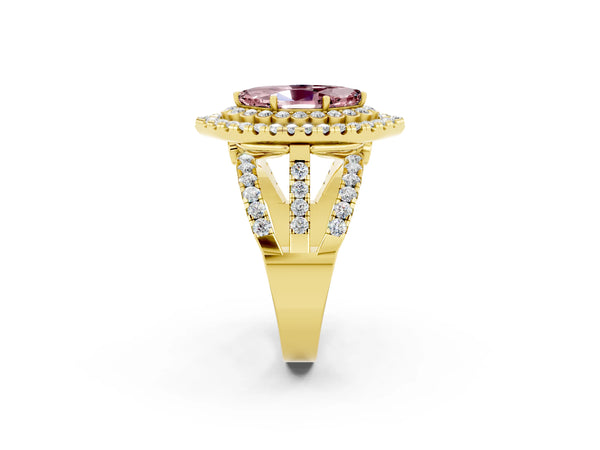 Yellow gold Double Halo Marquise Cut Diamond Split Shank Pave Set Ring