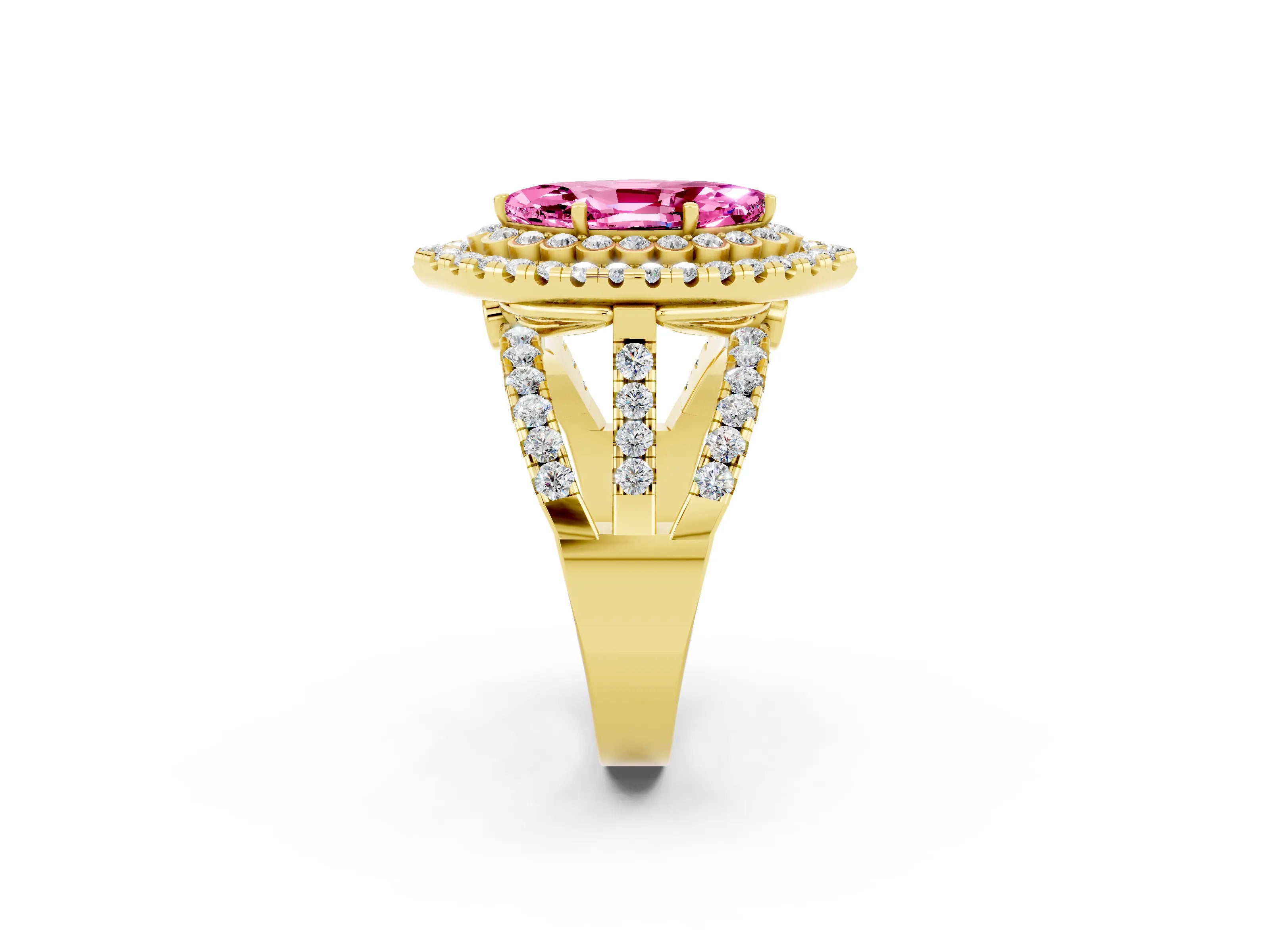 Yellow gold Double Halo Marquise Cut Diamond Split Shank Pave Set Ring_2