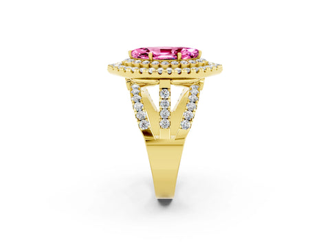 Yellow gold Double Halo Marquise Cut Diamond Split Shank Pave Set Ring_2