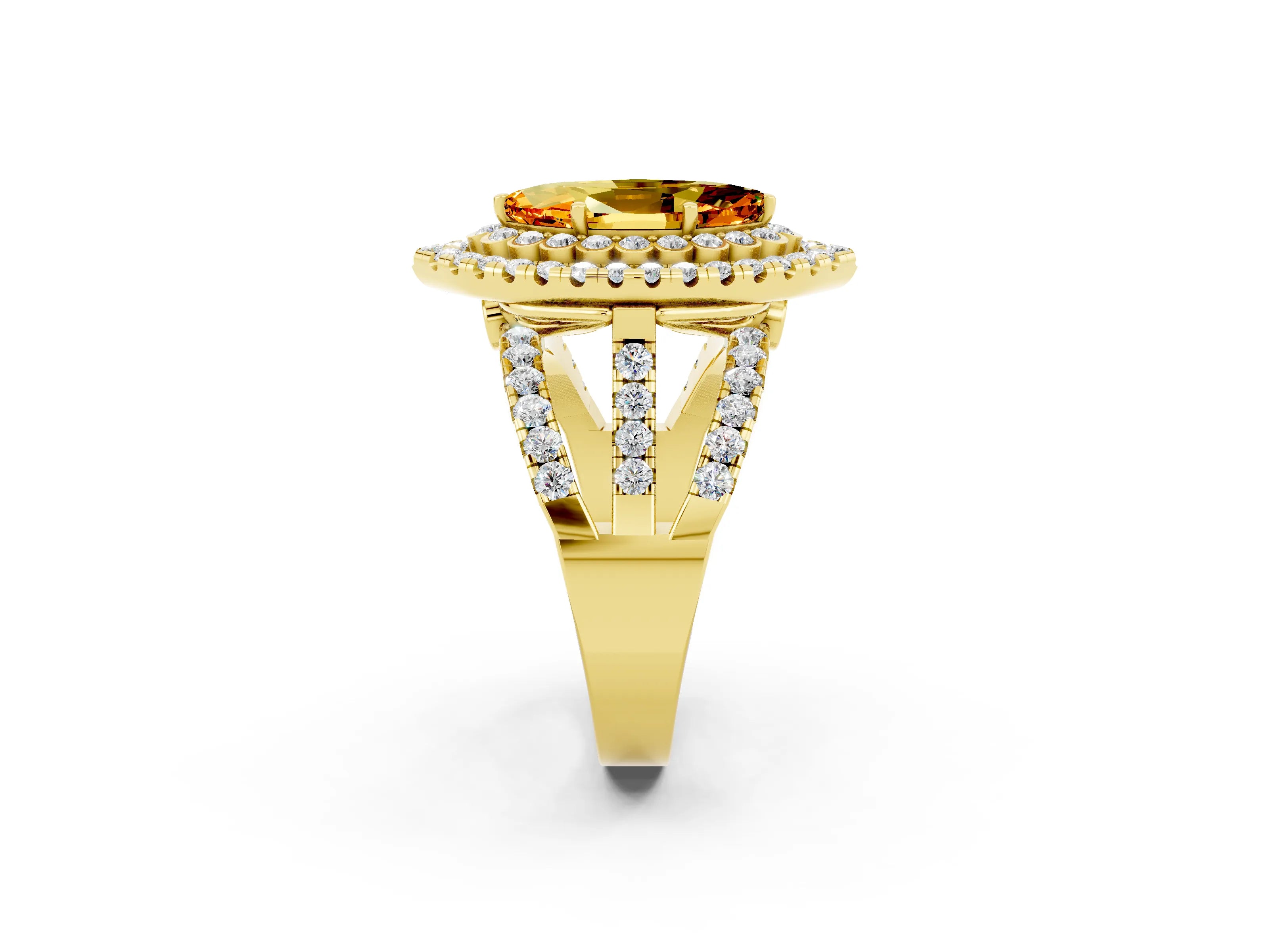Yellow gold Double Halo Marquise Cut Diamond Split Shank Pave Set Ring_2