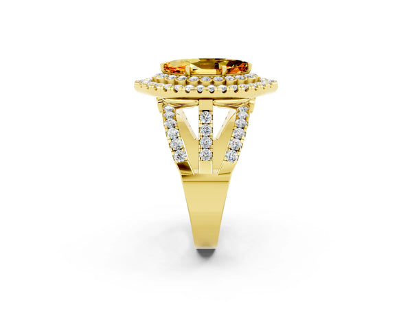Yellow gold Marquise Cut Citrine Double Halo Ring with Round Pavé Split Shank and Prong Setting
