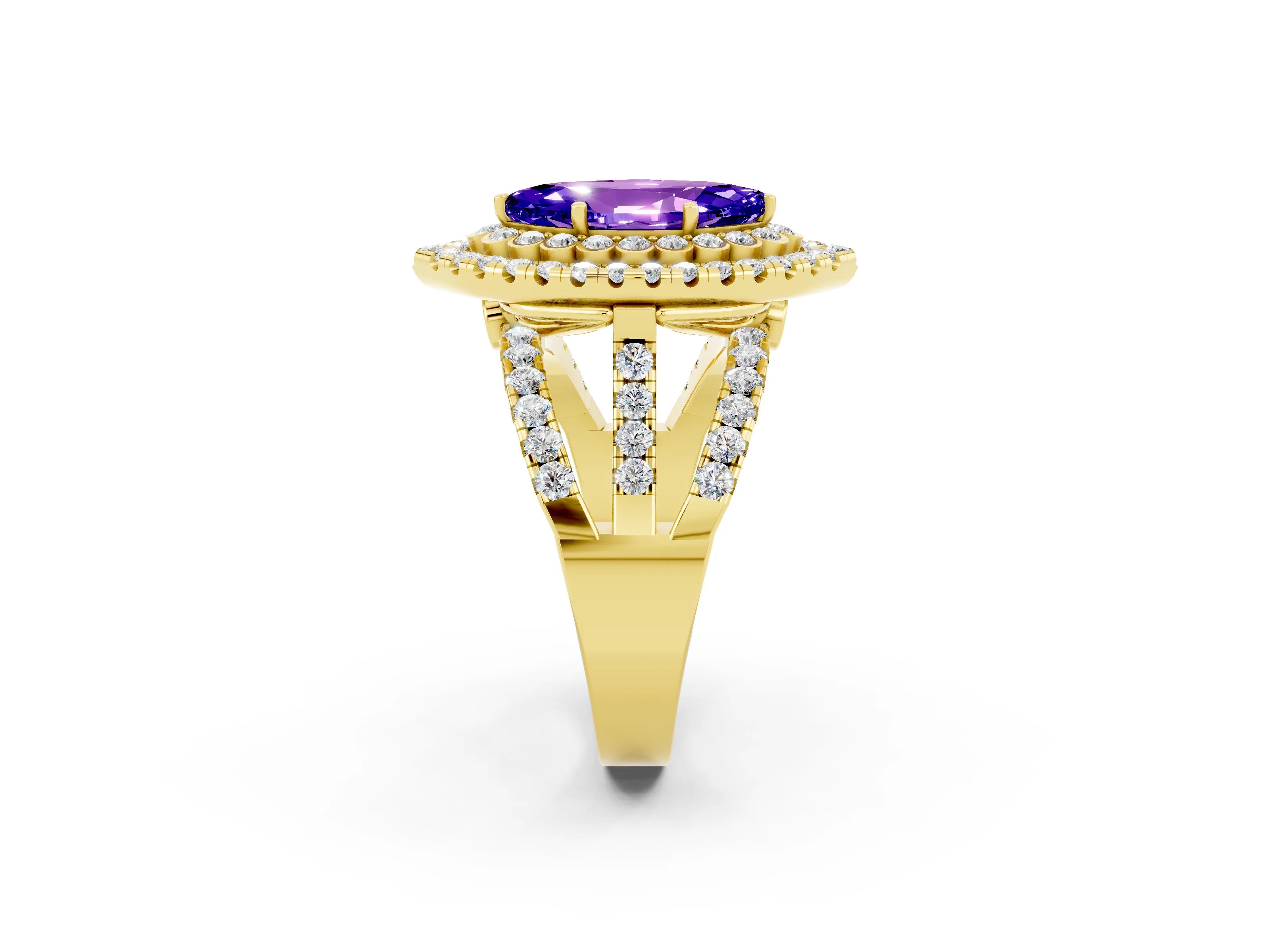 Yellow gold Double Halo Marquise Cut Diamond Split Shank Pave Set Ring_2