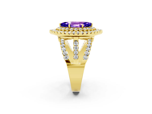 Yellow gold Marquise Cut Tanzanite Double Halo Ring with Round Pavé Split Shank and Prong Setting