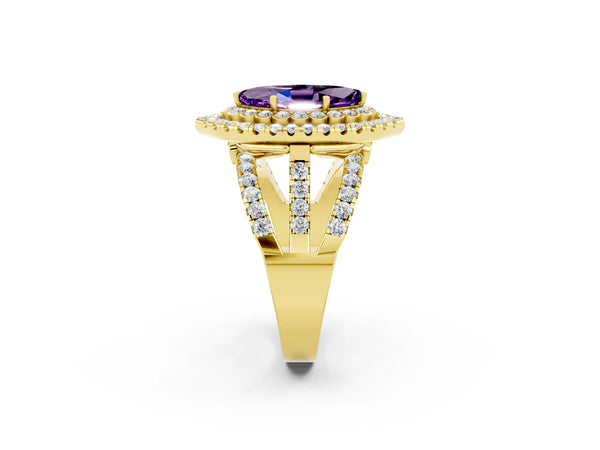 Yellow gold Marquise Cut Amethyst Double Halo Ring with Round Pavé Split Shank and Prong Setting