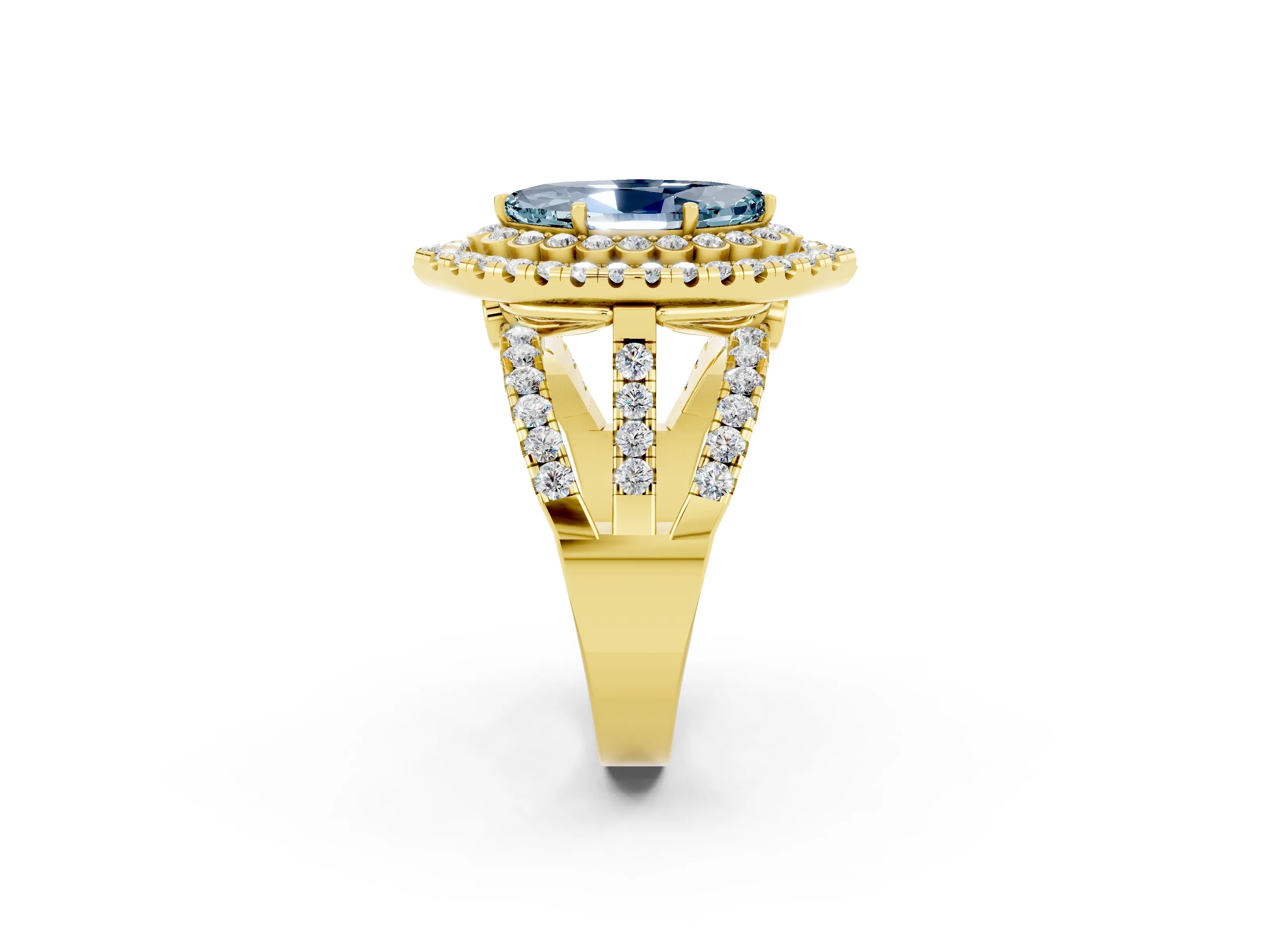 Yellow gold Double Halo Marquise Cut Diamond Split Shank Pave Set Ring_2