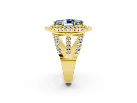 Yellow gold Double Halo Marquise Cut Diamond Split Shank Pave Set Ring_2