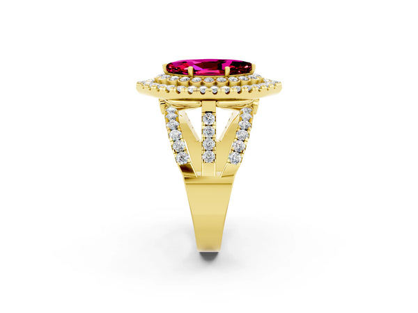 Yellow gold Marquise Cut Garnet Double Halo Ring with Round Pavé Split Shank and Prong Setting