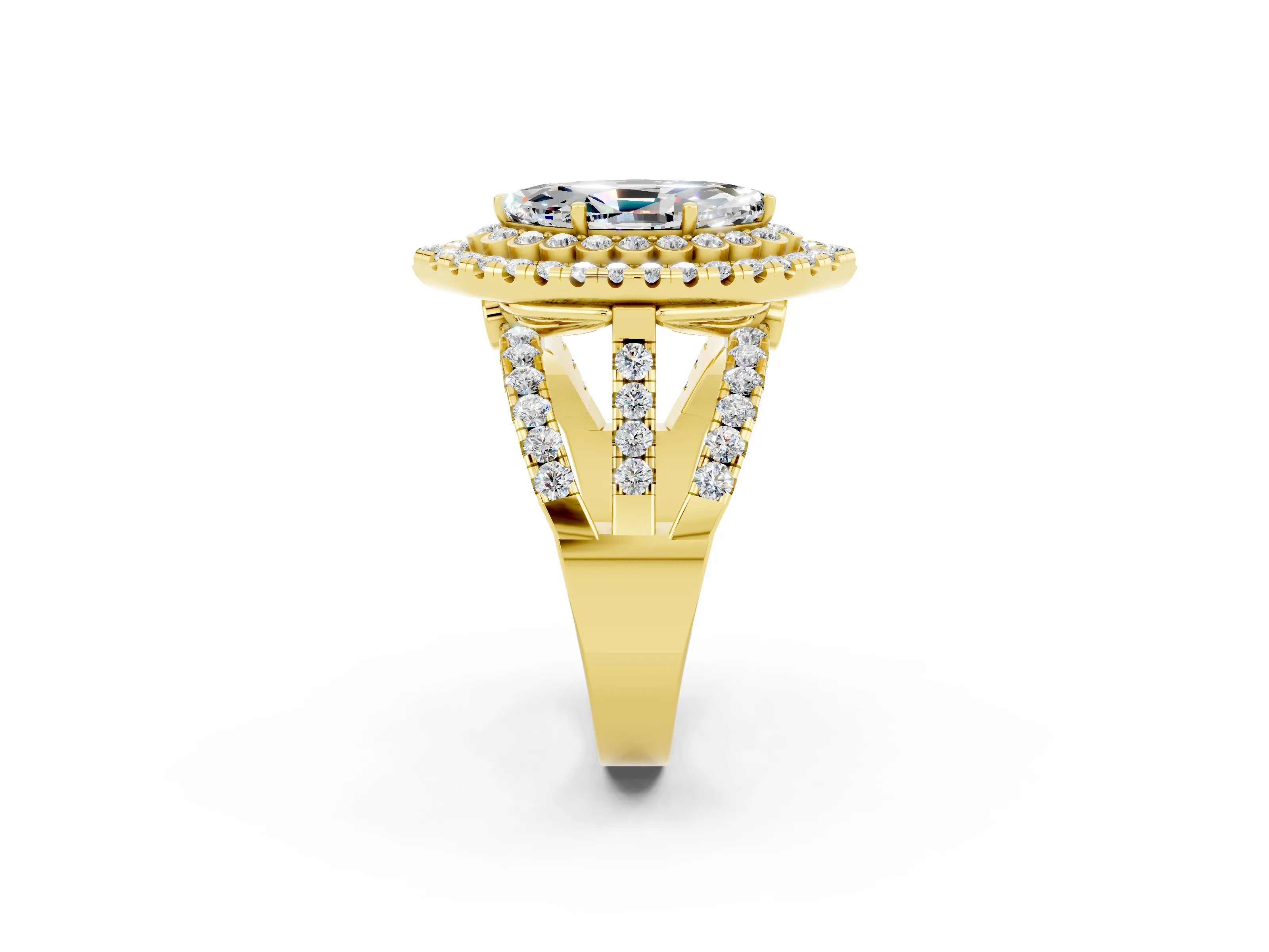 Yellow gold Double Halo Marquise Cut Diamond Split Shank Pave Set Ring_2