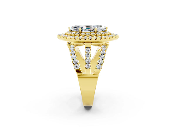 Yellow gold Marquise Cut Moissanite Double Halo Ring with Round Pavé Split Shank and Prong Setting