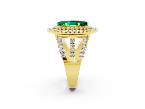 Yellow gold Double Halo Marquise Cut Diamond Split Shank Pave Set Ring_2