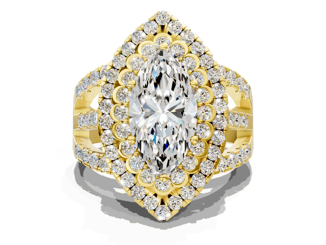 Yellow gold Double Halo Marquise Cut Diamond Split Shank Pave Set Ring_3