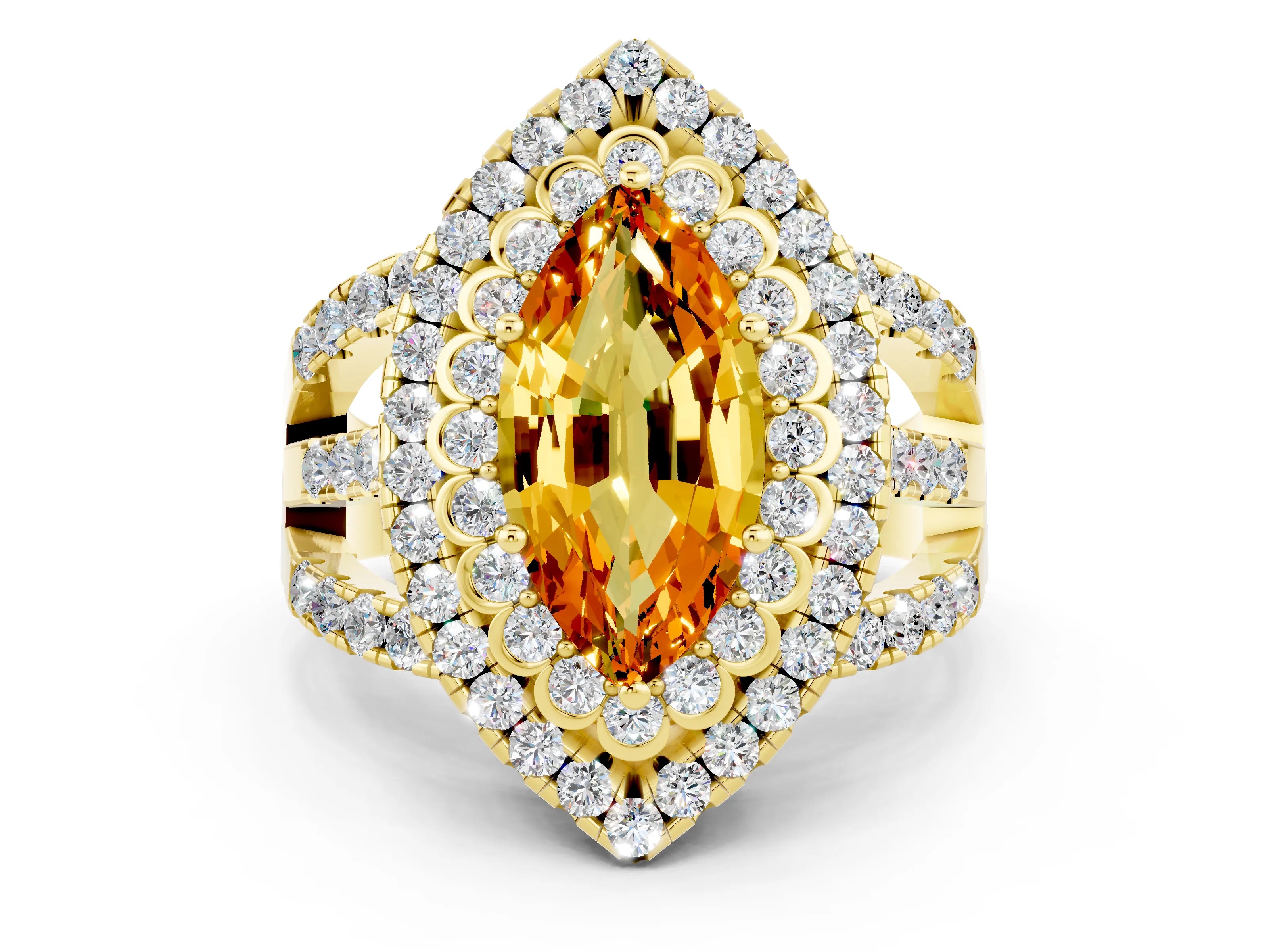 Yellow gold Double Halo Marquise Cut Diamond Split Shank Pave Set Ring