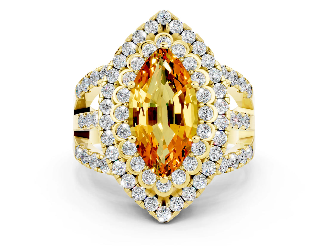 Yellow gold Double Halo Marquise Cut Diamond Split Shank Pave Set Ring