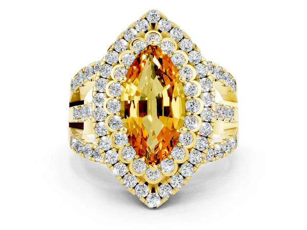 Yellow gold Marquise Cut Citrine Double Halo Ring with Round Pavé Split Shank and Prong Setting