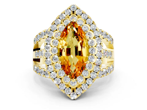 Yellow gold Double Halo Marquise Cut Diamond Split Shank Pave Set Ring