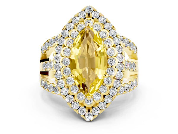 Yellow gold Marquise Cut Yellow Sapphire Double Halo Ring with Round Pavé Split Shank and Prong Setting