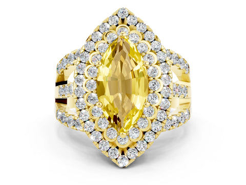Yellow gold Double Halo Marquise Cut Diamond Split Shank Pave Set Ring
