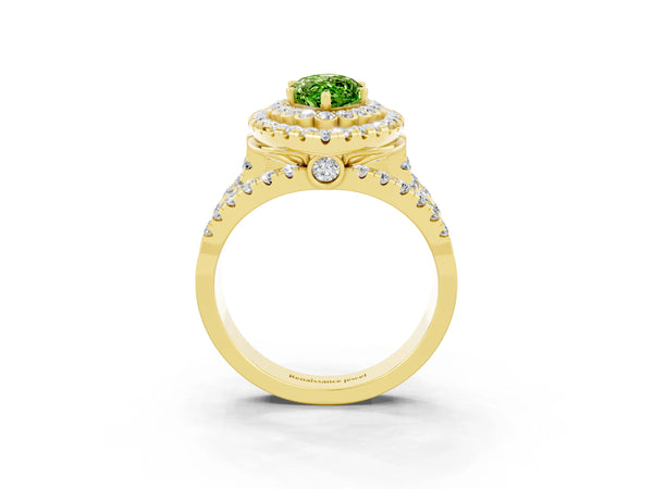 Yellow gold Double Halo Marquise Cut Diamond Split Shank Pave Set Ring