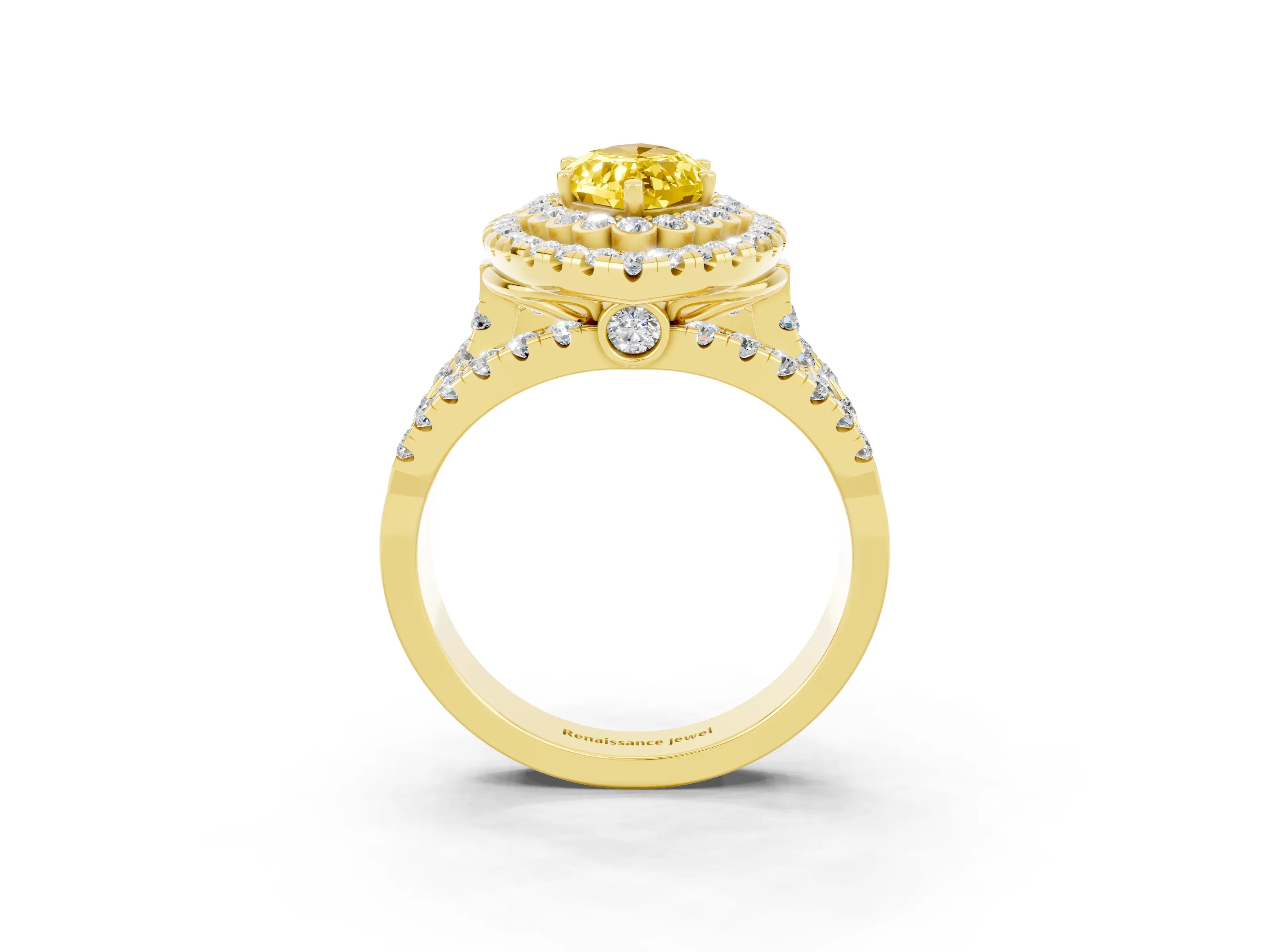 Yellow gold Double Halo Marquise Cut Diamond Split Shank Pave Set Ring_3
