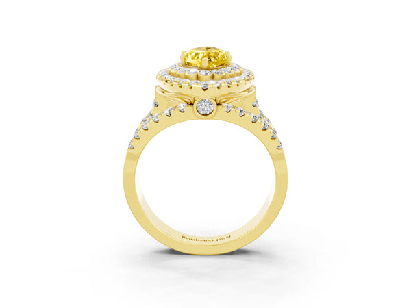 Yellow gold Marquise Cut Yellow Sapphire Double Halo Ring with Round Pavé Split Shank and Prong Setting