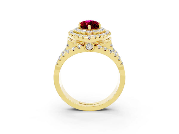 Yellow gold Marquise Cut Garnet Double Halo Ring with Round Pavé Split Shank and Prong Setting