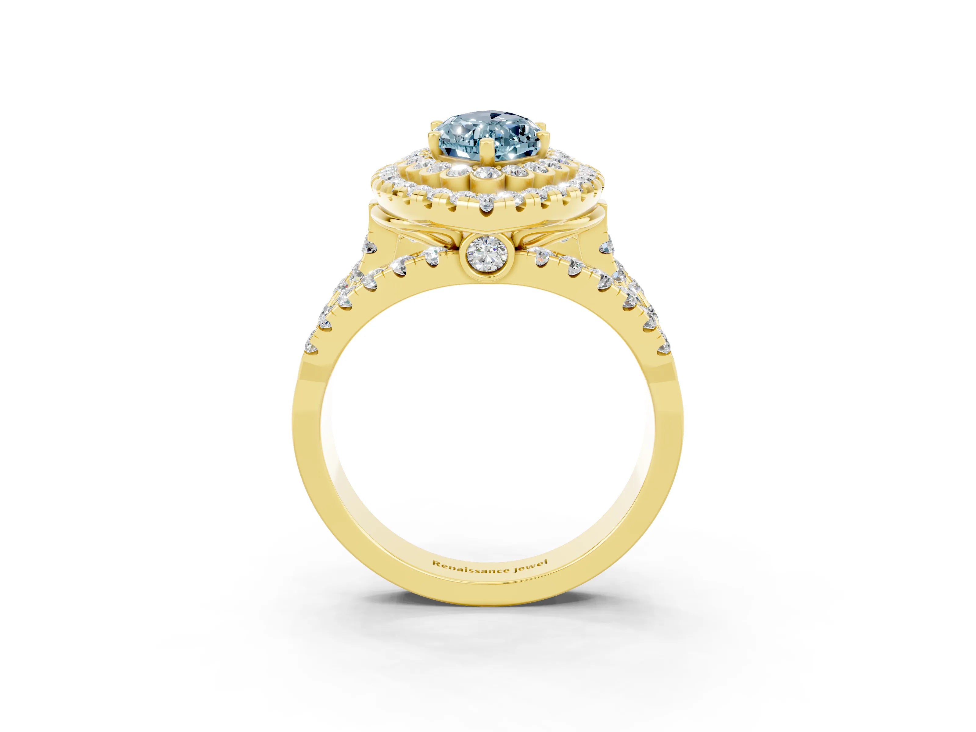 Yellow gold Double Halo Marquise Cut Diamond Split Shank Pave Set Ring_3