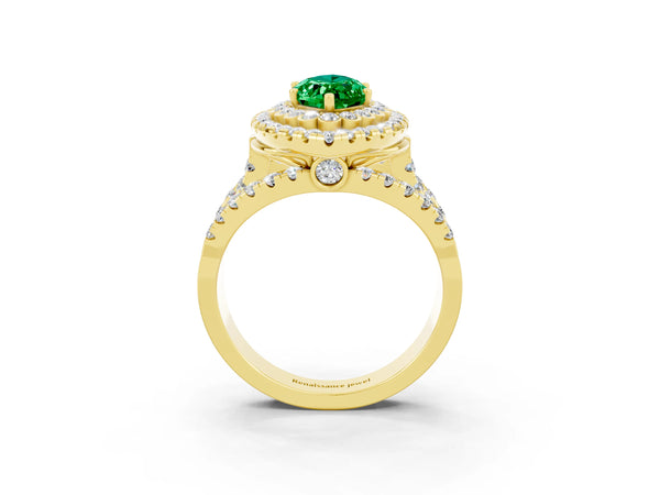 Yellow gold Marquise Cut Emerald Double Halo Ring with Round Pavé Split Shank and Prong Setting