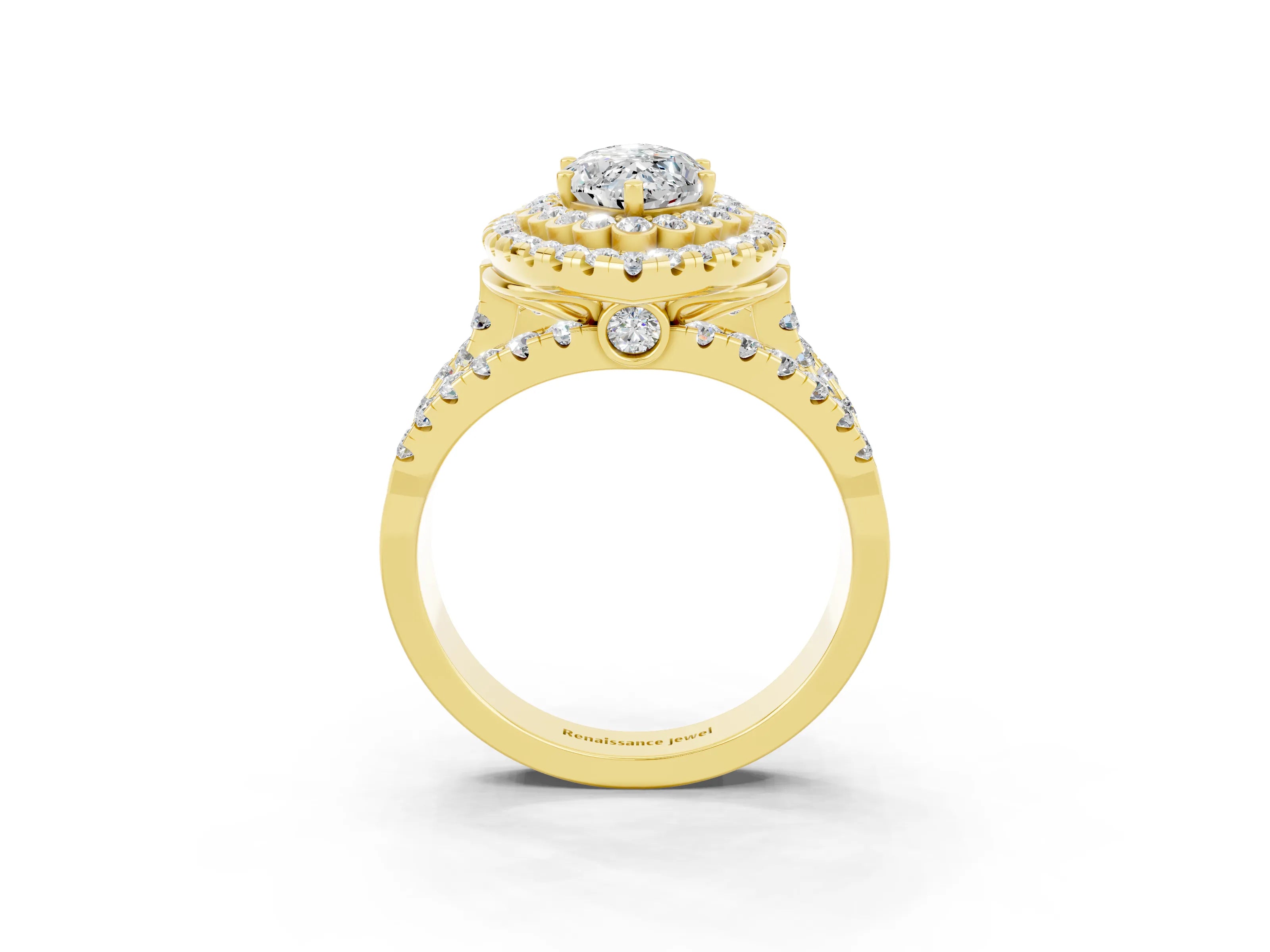 Yellow gold Double Halo Marquise Cut Diamond Split Shank Pave Set Ring_3