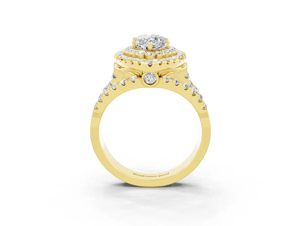Yellow gold Marquise Cut Moissanite Double Halo Ring with Round Pavé Split Shank and Prong Setting