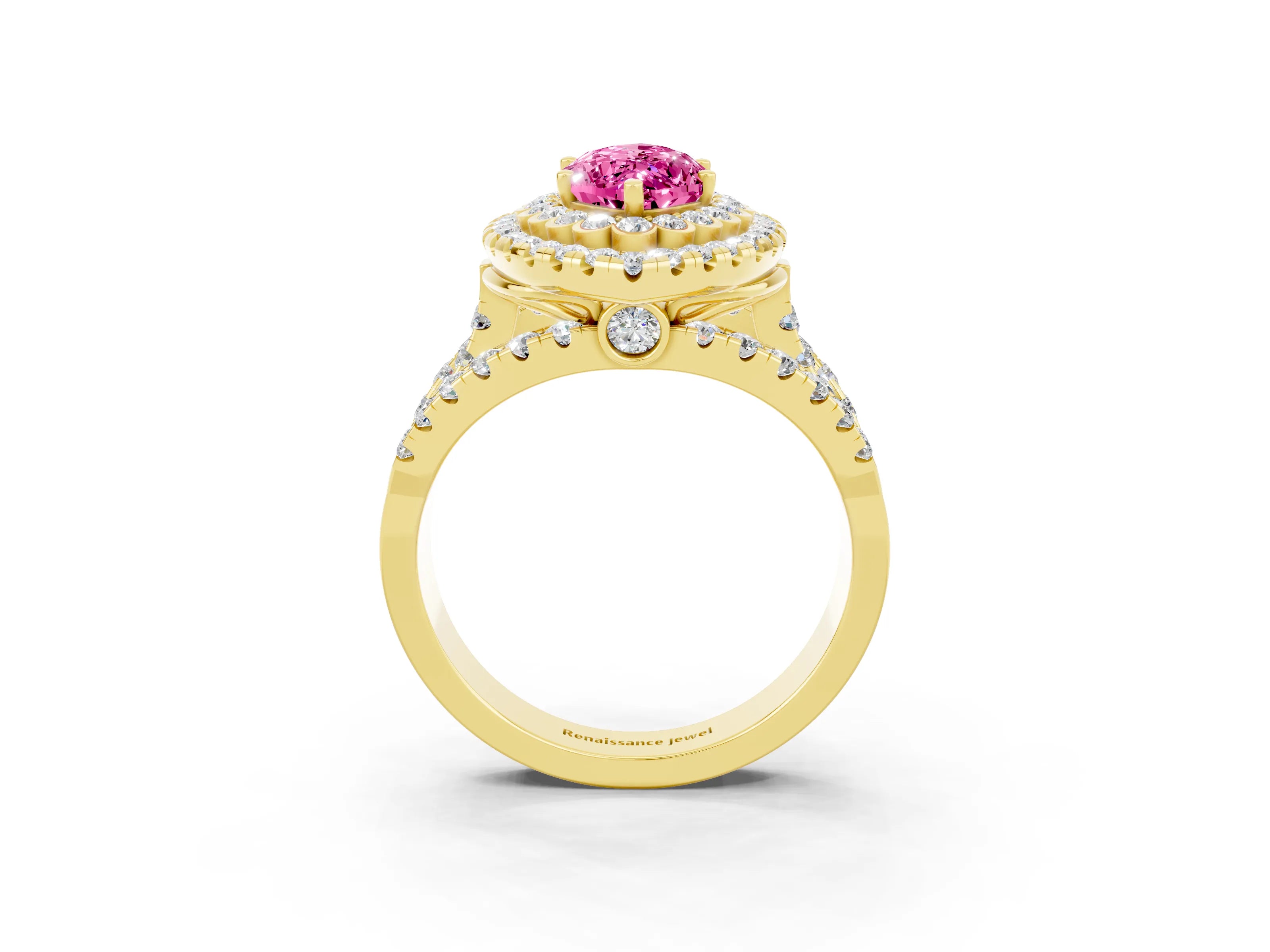 Yellow gold Double Halo Marquise Cut Diamond Split Shank Pave Set Ring_3