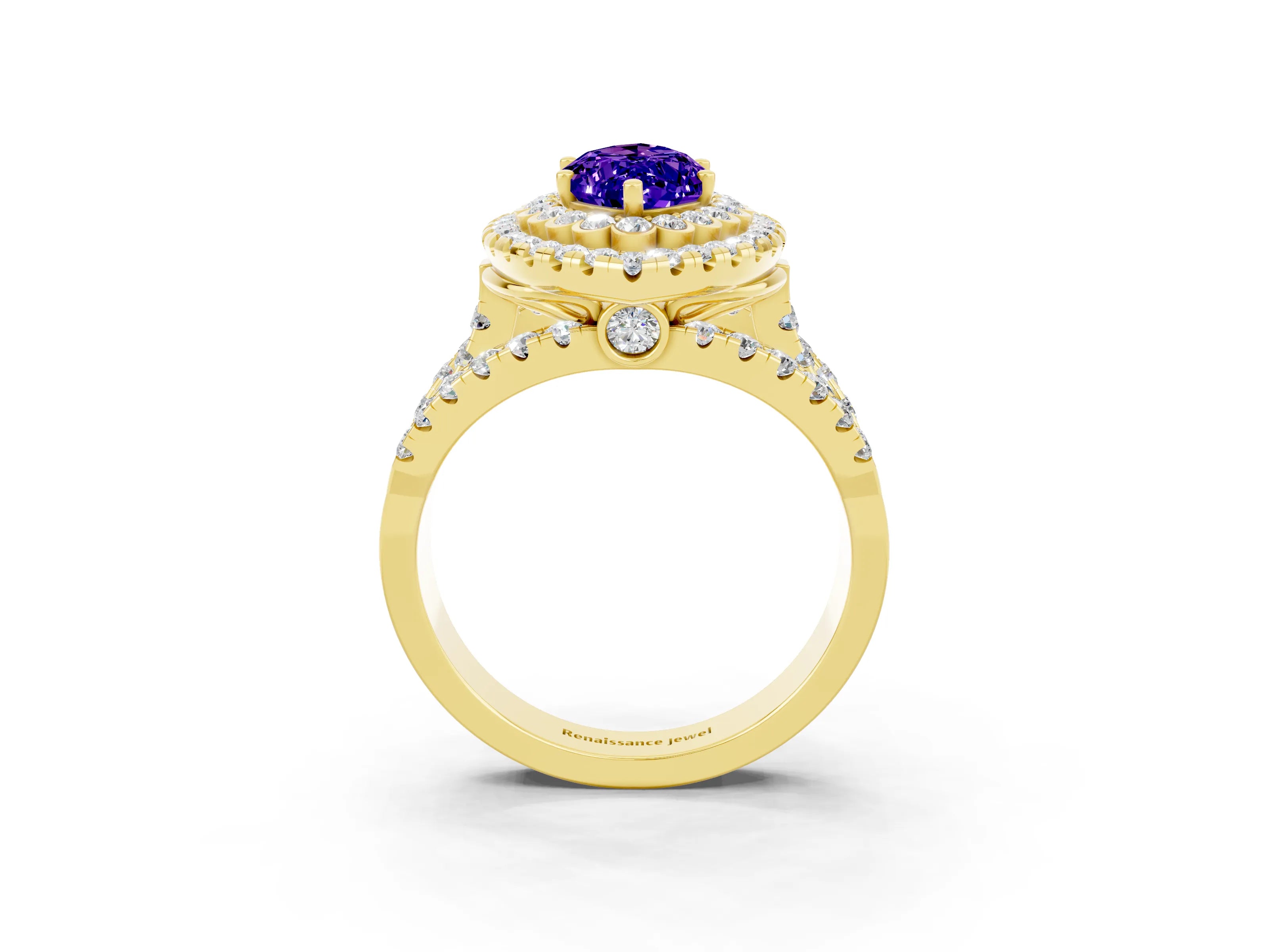 Yellow gold Double Halo Marquise Cut Diamond Split Shank Pave Set Ring_3