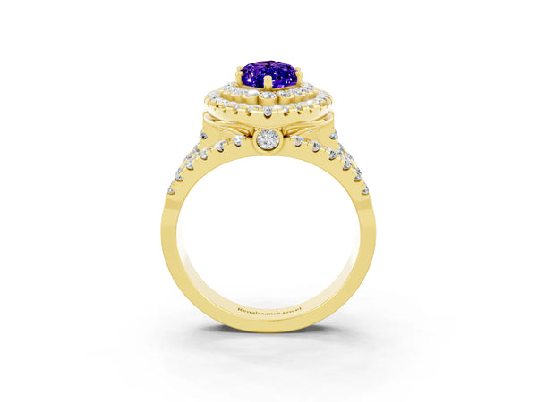 Yellow gold Marquise Cut Tanzanite Double Halo Ring with Round Pavé Split Shank and Prong Setting
