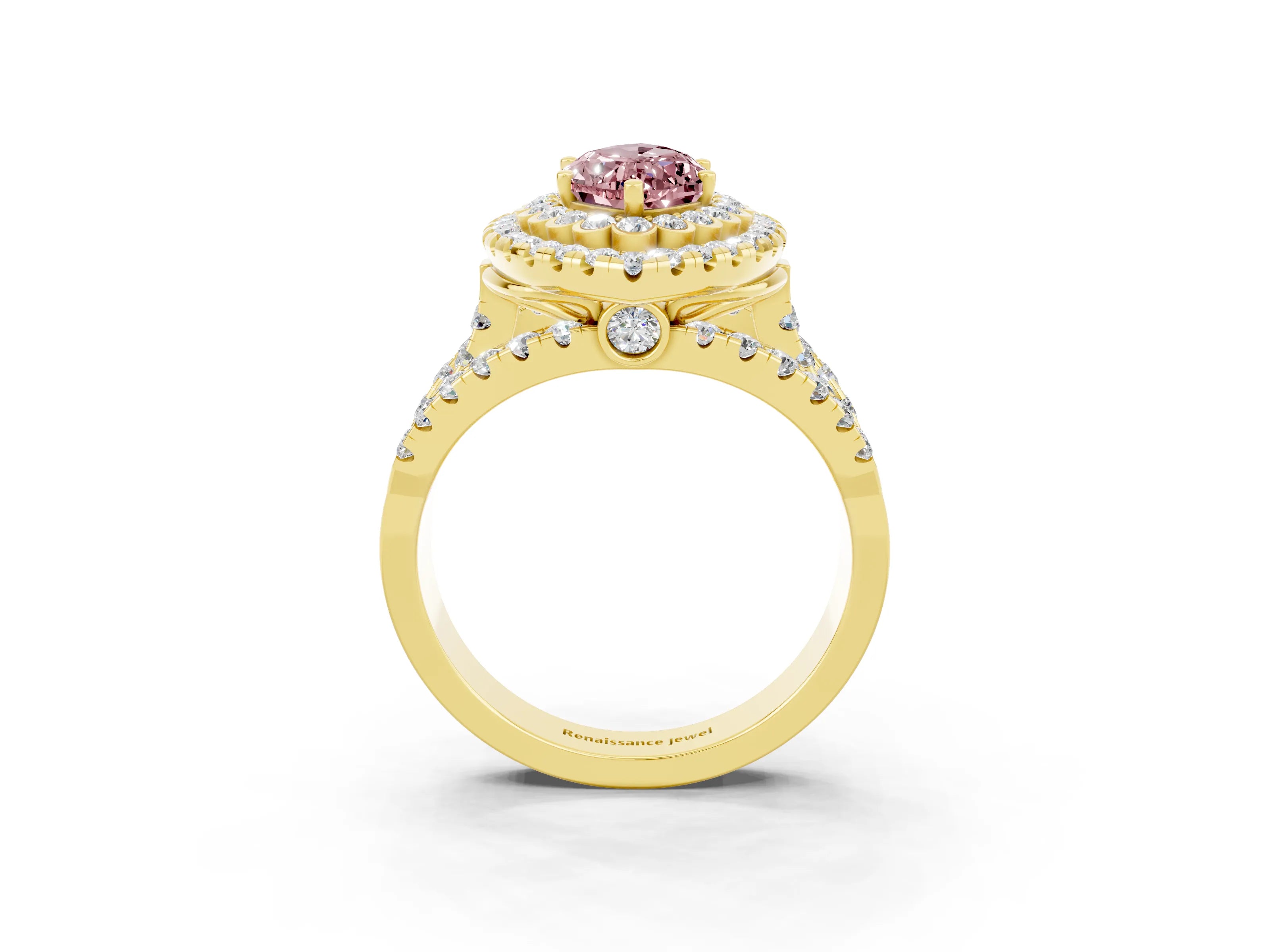 Yellow gold Double Halo Marquise Cut Diamond Split Shank Pave Set Ring_3