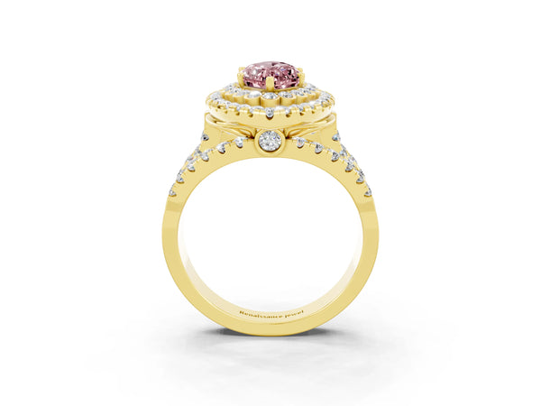 Yellow gold Double Halo Marquise Cut Diamond Split Shank Pave Set Ring