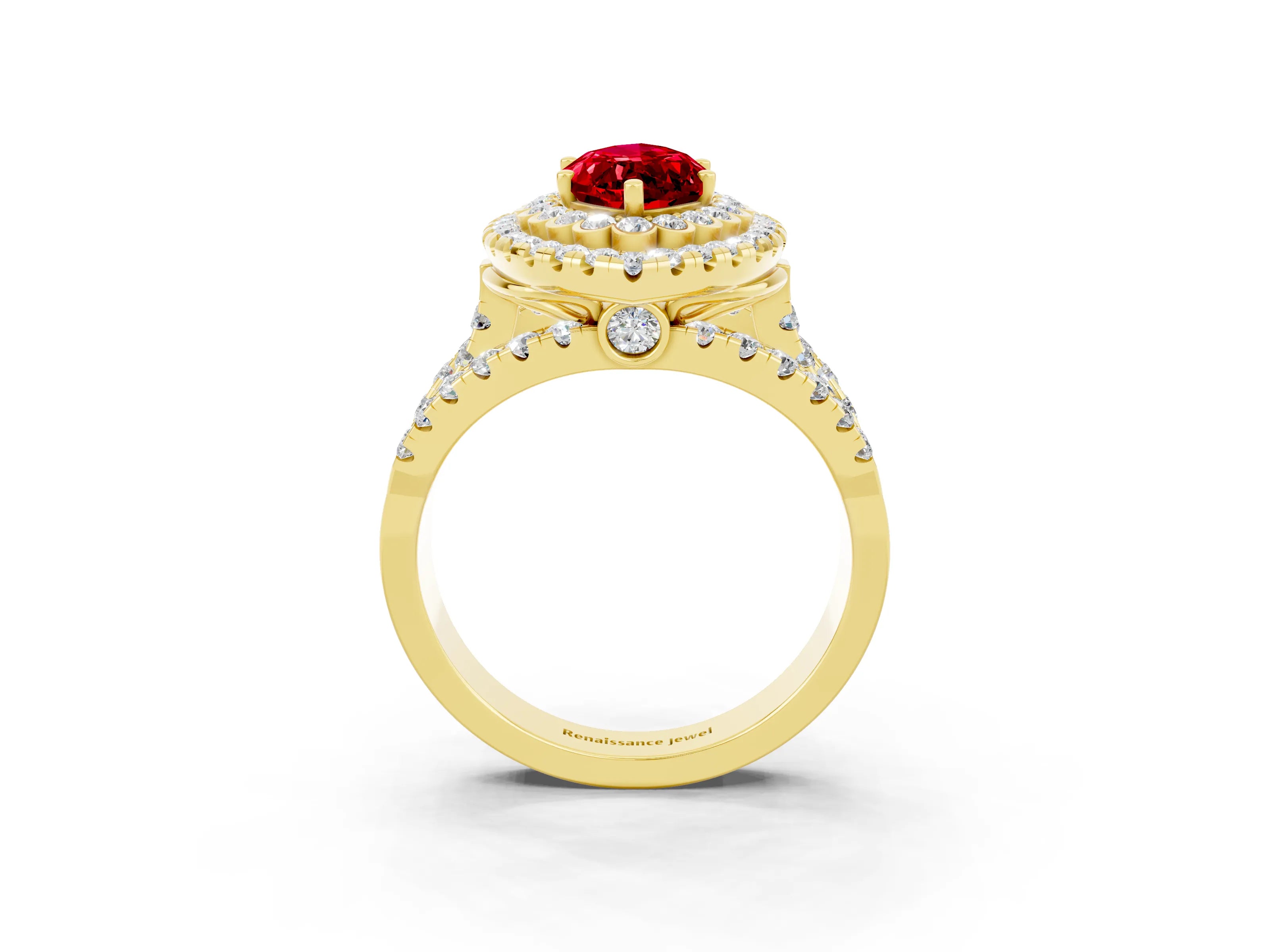 Yellow gold Double Halo Marquise Cut Diamond Split Shank Pave Set Ring_3