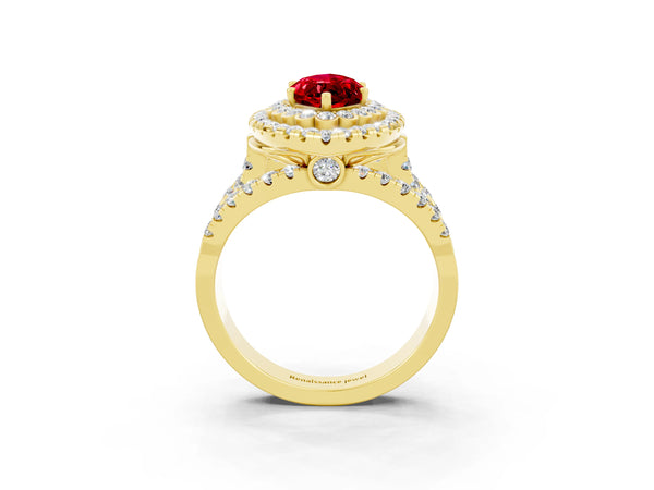 Yellow gold Double Halo Marquise Cut Diamond Split Shank Pave Set Ring