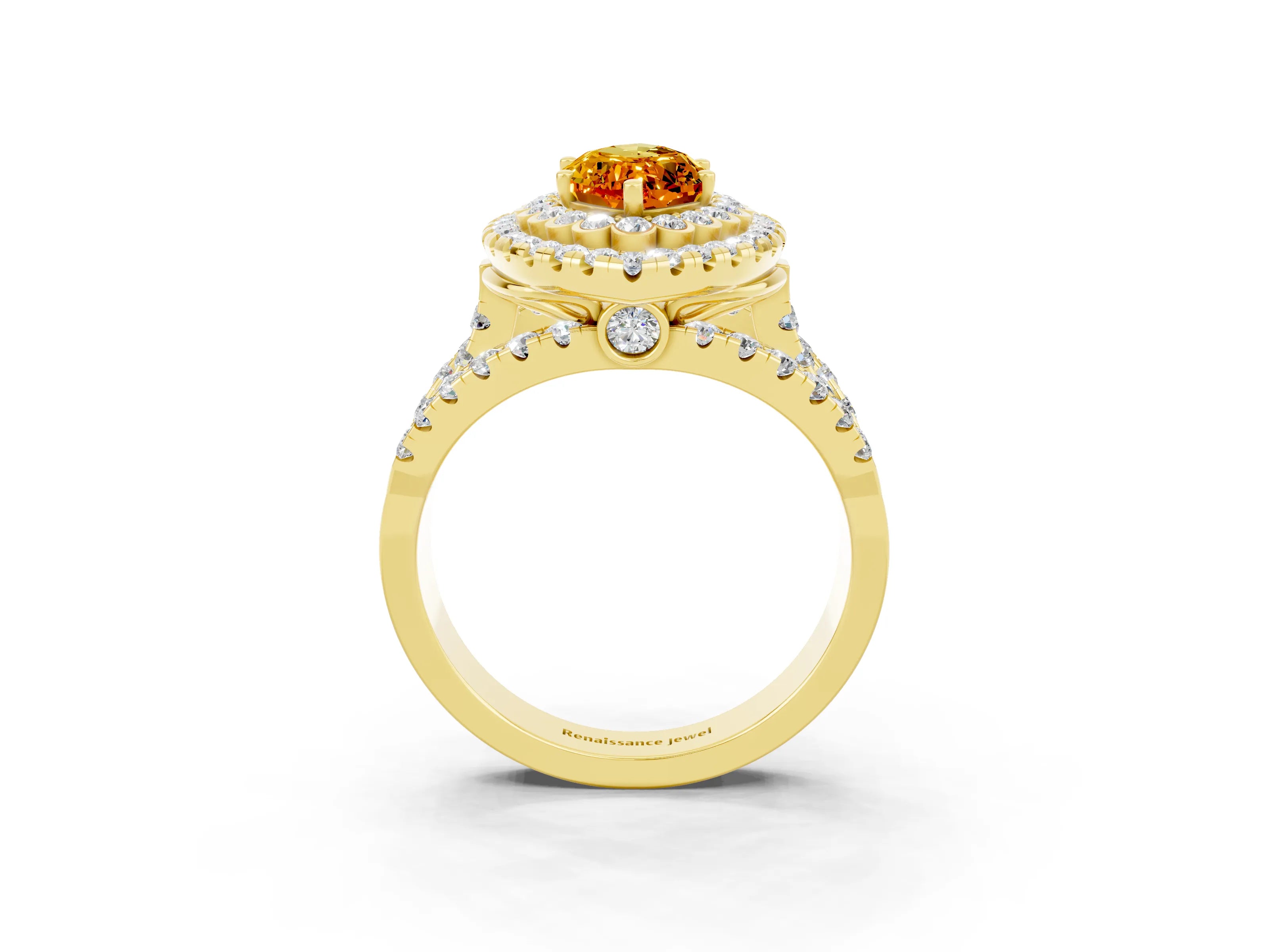 Yellow gold Double Halo Marquise Cut Diamond Split Shank Pave Set Ring_3