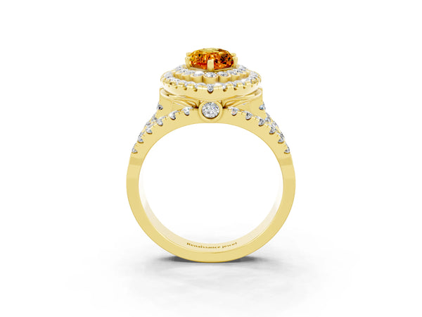 Yellow gold Marquise Cut Citrine Double Halo Ring with Round Pavé Split Shank and Prong Setting